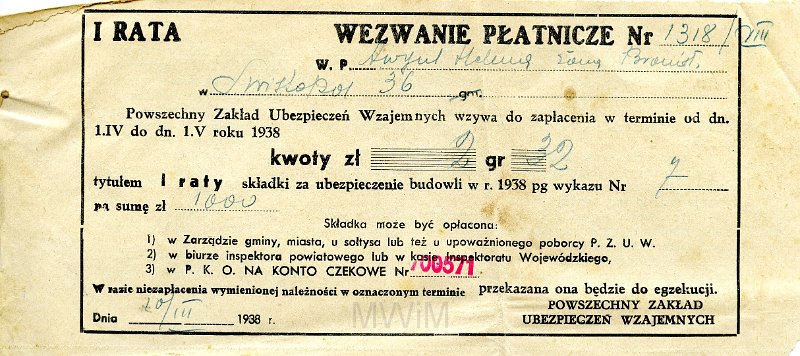 KKE 5769.jpg - Dok. Wezwanie płatnicze wystawione przez Powszechny Zakład Ubezpieczeń Wzajemnych dla Heleny Awgul, Wilno, 10 III 1938 r.